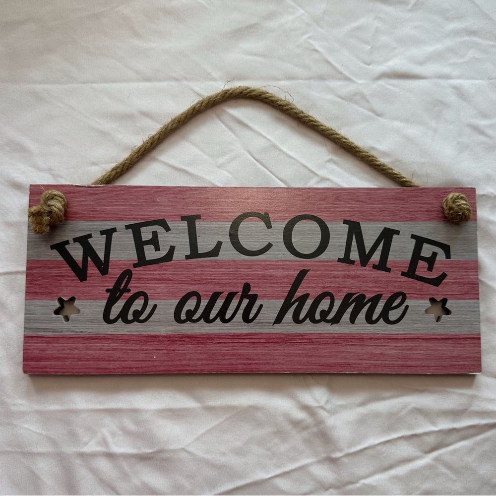 Welcome to our home distressed farmhouse decor rope hanging wall‎ sign